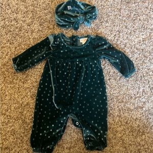 Green velour newborn romper